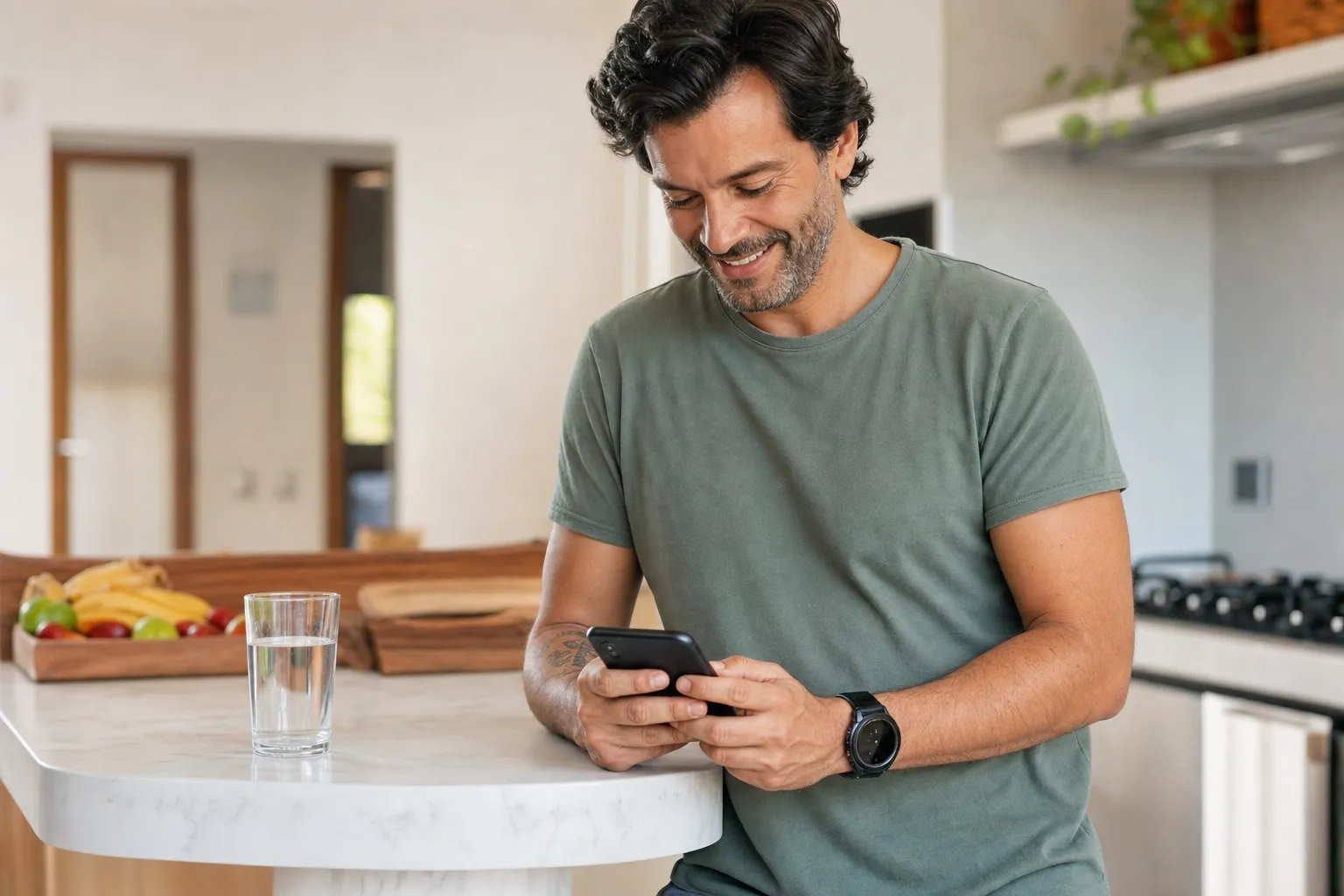 Hombre sonriendo, apoyado en una encimera de mármol en un ambiente claro, mirando la pantalla del celular.