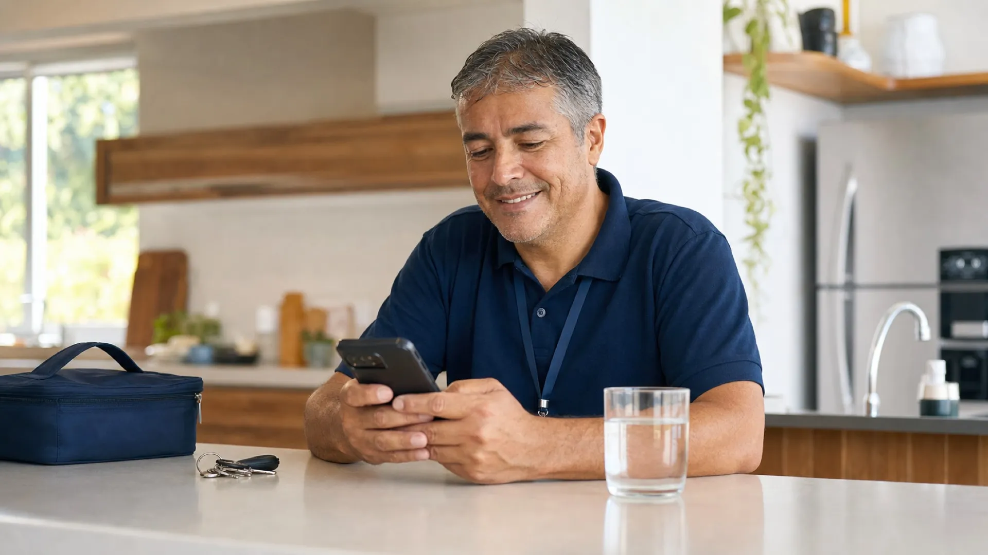 Homem de polo azul-marinho com cordão de crachá conferindo o celular na bancada da copa, com marmita e copo de água ao lado, em luz natural.