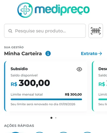 Tela inicial do app Medipreço com a busca de produtos e o card 'Minha Carteira' mostrando o subsídio mensal disponível.