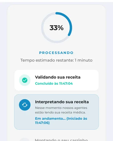 Tela do app Medipreço mostrando a esteira de validação da receita: item concluído de conferência e item 'Interpretando sua receita' em andamento pela inteligência artificial.